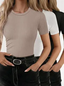 Women's Casual Slim Fit Short Sleeve Round Neck Top, 3 Piece Set, Plain Ribbed Knit, Medium Stretch, Summer & Fall Wear
