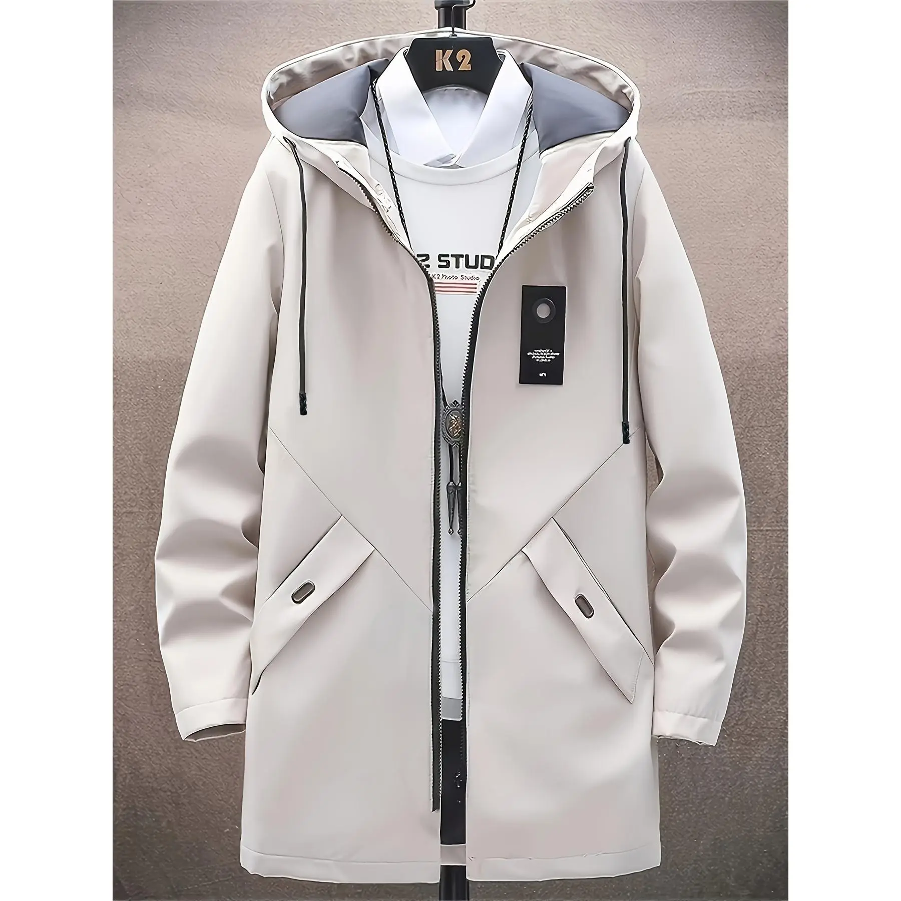 Men's Long Hooded Trench Coat, Casual Solid Polyester Long-Sleeve Jacket with Zipper Closure and Pockets, Jackets, Spring, Mature, Woven, No