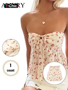 Women's Ditsy Floral Print Tie Front Tube Top, Boho Fitted Sleeveless Casual Strapless Top for Summer, Ladies Clothes for Beach Holiday Vacation, Womenswear