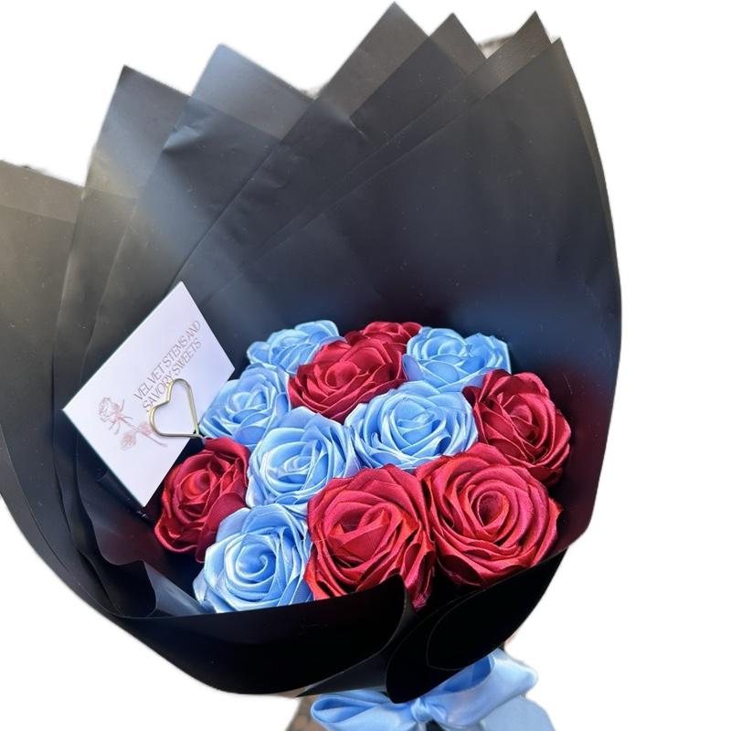 Two Toned Red and Sky Blue Eternal Roses - 12-Piece Flower Arrangement with Black Outer Packaging