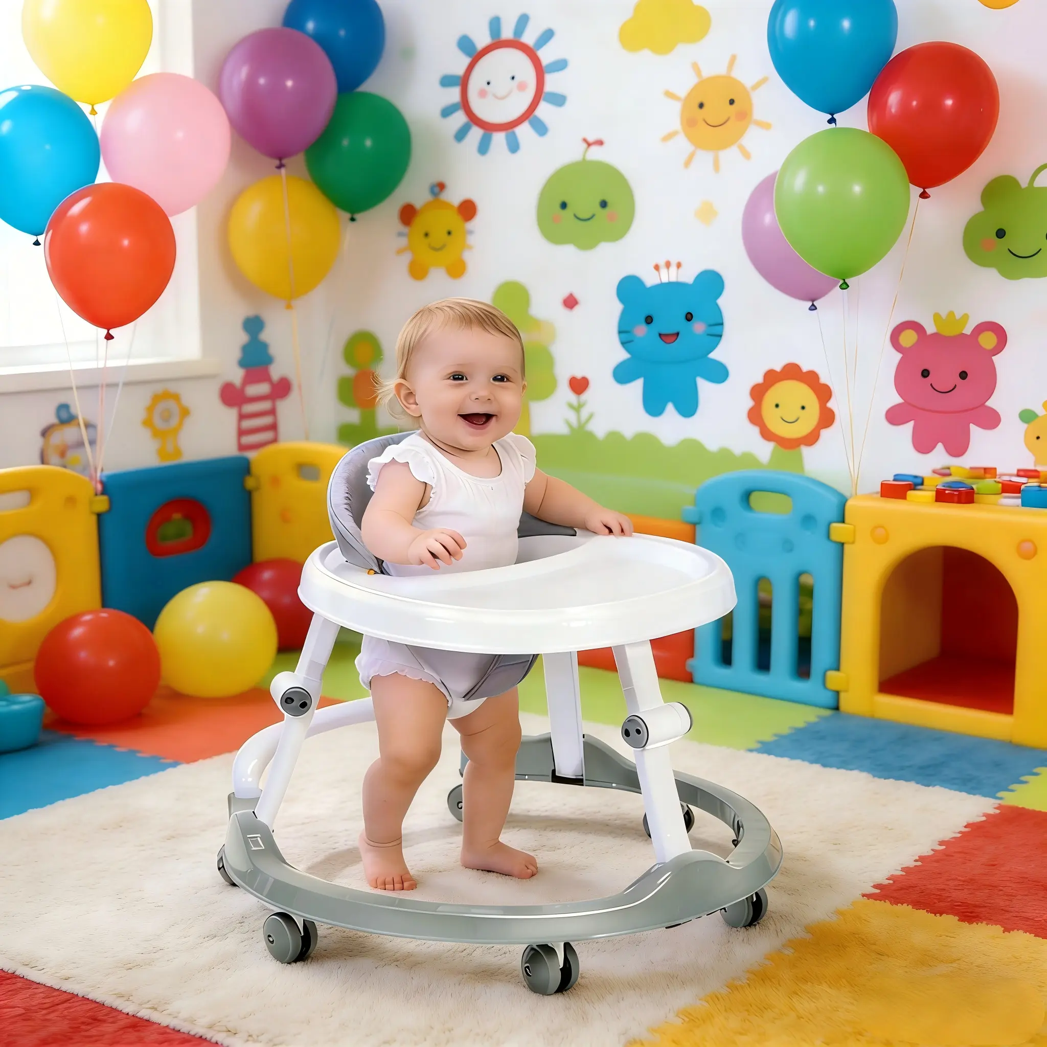 Adjustable Anti-Rollover Baby Walker, Foldable Anti O-Leg Toddler Walking Learning Chair with Wide Stable Base, 3 Height Position Baby Walkers for 6-18 Months Infant Boys Girls andador para bebes first steps