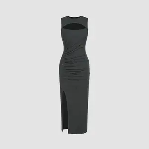 Cider [size 0-26] Round Neckline Solid Ruched Split Midi Dress