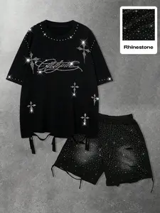 Men's Solid Color Loose Fit Casual T-Shirt Shorts Set, Rhinestone and Ripped Details, Fashion Streetwear for Summer