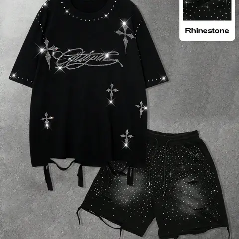 Men's Solid Color Loose Fit Baggy Casual Matching Round Neck Crewneck T-Shirt Shorts Set, Rhinestone and Ripped Details, Fashion Streetwear for Summer, Menswear, Clothes Co Ord Set