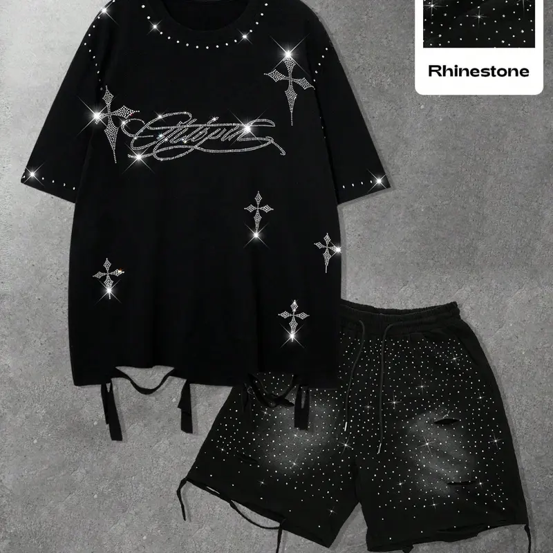 Men's Solid Color Loose Fit Baggy Casual Matching Round Neck Crewneck T-Shirt Shorts Set, Rhinestone and Ripped Details, Fashion Streetwear for Summer, Menswear, Clothes Co Ord Set