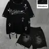 Men's Solid Color Loose Fit Baggy Casual Matching Round Neck Crewneck T-Shirt Shorts Set, Rhinestone and Ripped Details, Fashion Streetwear for Summer, Menswear, Clothes Co Ord Set