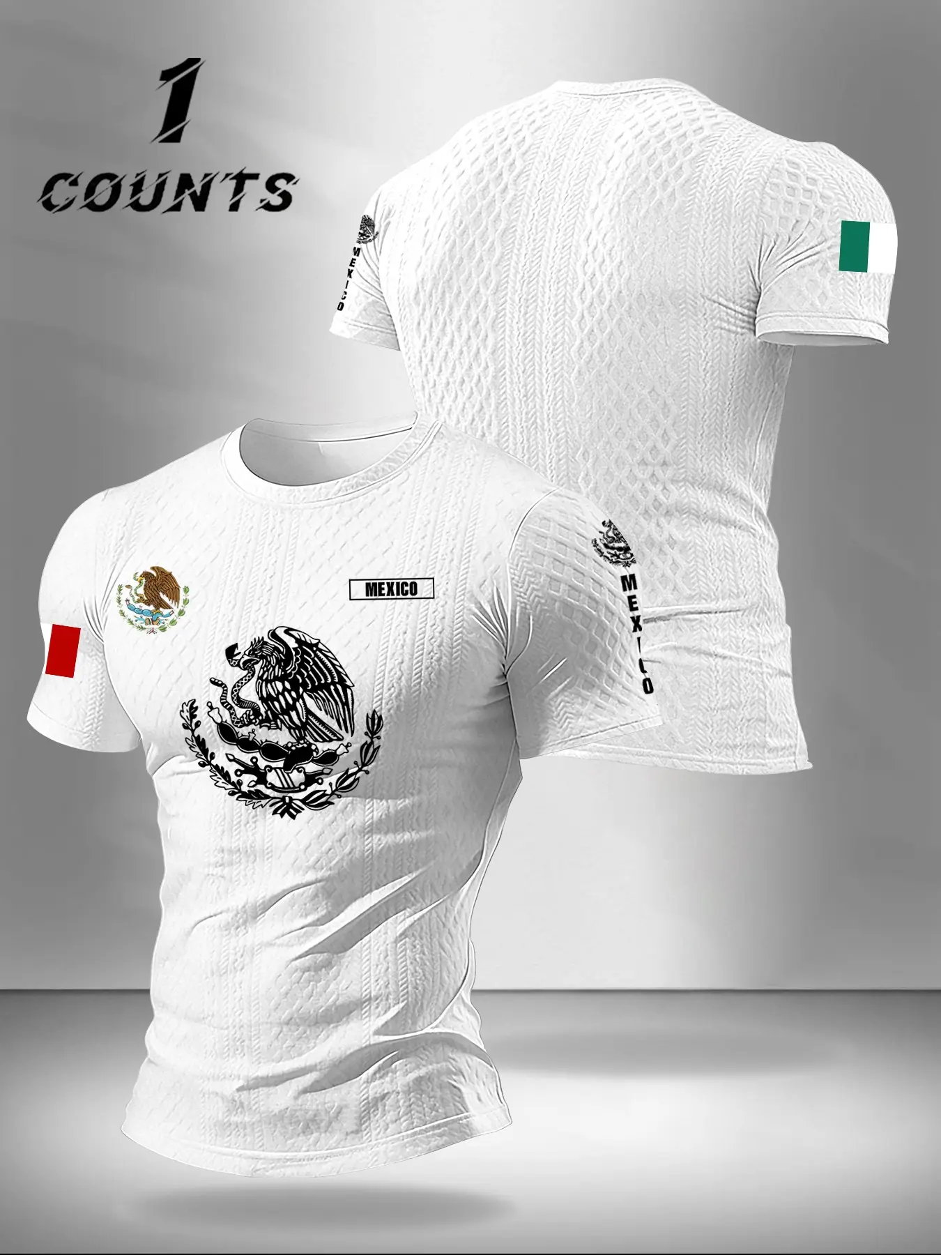 Men's Casual Classic Textured Round Neck T-Shirt, Comfortable Breathable Mexican Emblem Design, Multi-Color Options, Daily Wear Essential