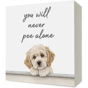 Labradoodle Dog Bathroom Decor, Funny Labradoodle Wooden Box Sign Desk Decor, You Will Never Pee Alone Dog Wood Block Signs for Bathroom Toilet Washroom Shelf Decorations, 5x5 Inch