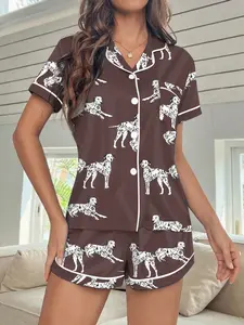 Women's Dalmatian Print Pajama Set, Fitted Short Sleeve Shortsuit, Soft Comfortable Homewear Loungewear, Button Front Casual, All Seasons