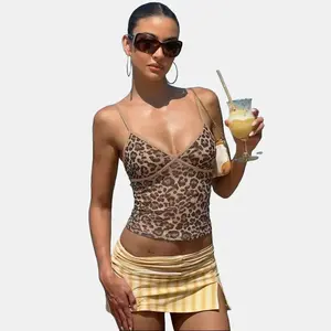 Women's Spaghetti Strap Deep V Cross Front Leopard Print Sleeveless Crop Top 2026 Spring Summer New Arrival Vacation Holiday Date Nights Brunch Gatherings Street Style Looks Short Tops