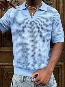 Spring Summer Korean Style New Breathable Solid Color Polo Neck Hollow Out Unisex Short Sleeve Knitted Top, Casual Fitted Plain Sweater Shirts
