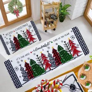 Christmas Tree Sonwflake Kitchen Rugs and Mats Set of 2, Red and Black Buffalo Plaid Kitchen Floor Mats Decor Non Slip Washable, Country Farmhouse Kitchen Runner Rug  Decorations