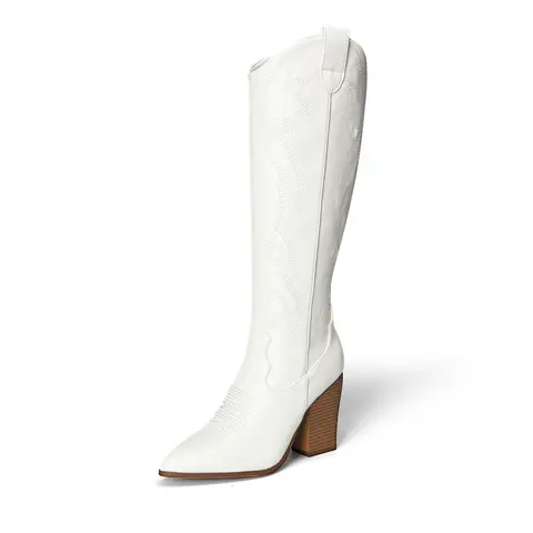 Dream Pairs Women's Stylish Pointed Toe Embroidered Chunky Cuban Heel Cowboy Boots - Women's Shoe, Fashion Footwear