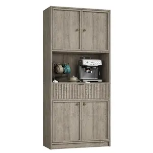 Garvee Kitchen Pantry Cabinet, 70 in Tall Pantry Storage Cabinet with Countertop, Fluted Tall Cabinets with Doors and Drawer, Freestanding Cupboard for Dining Room, Living Room, Gray