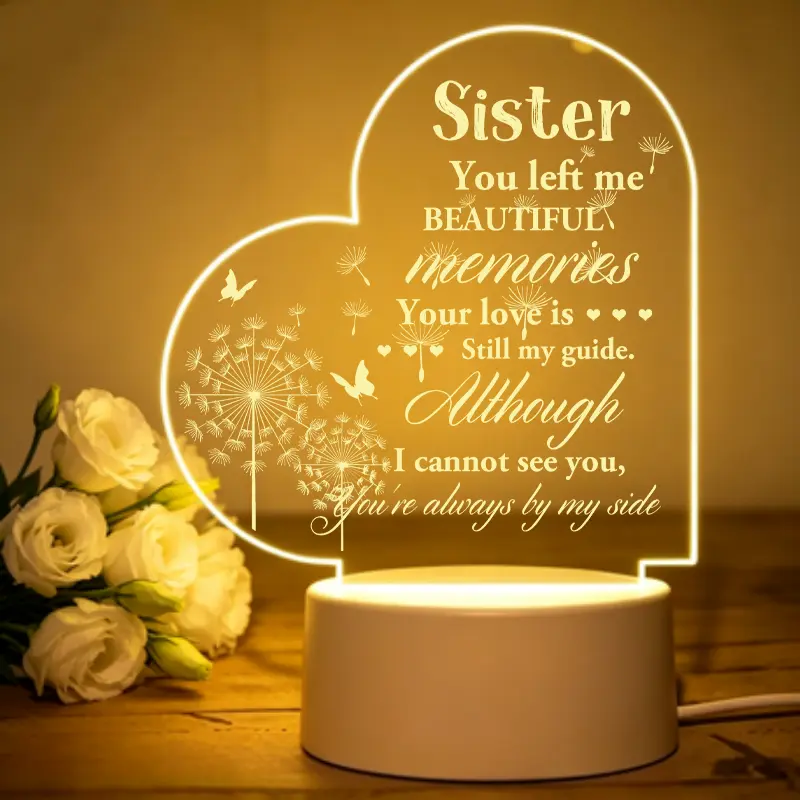 3D Acrylic Night Lamp - Solid Acrylic Engraved Dandelion Seed Heads, Birds, Heart Shape Desk Lamp, USB Powered ABS Funeral Bereavement Gift, Bedroom Festive Decor Keepsake