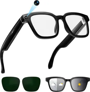 AI Smart Glasses with Camera, 1080P Video Recording Glasses, 8MP Camera Glasses, Real Time Translation, ChatGPT AI Voice Assistant, Open-Ear Audio,Sunglasses with Color-Changing Clear and Green Lenses