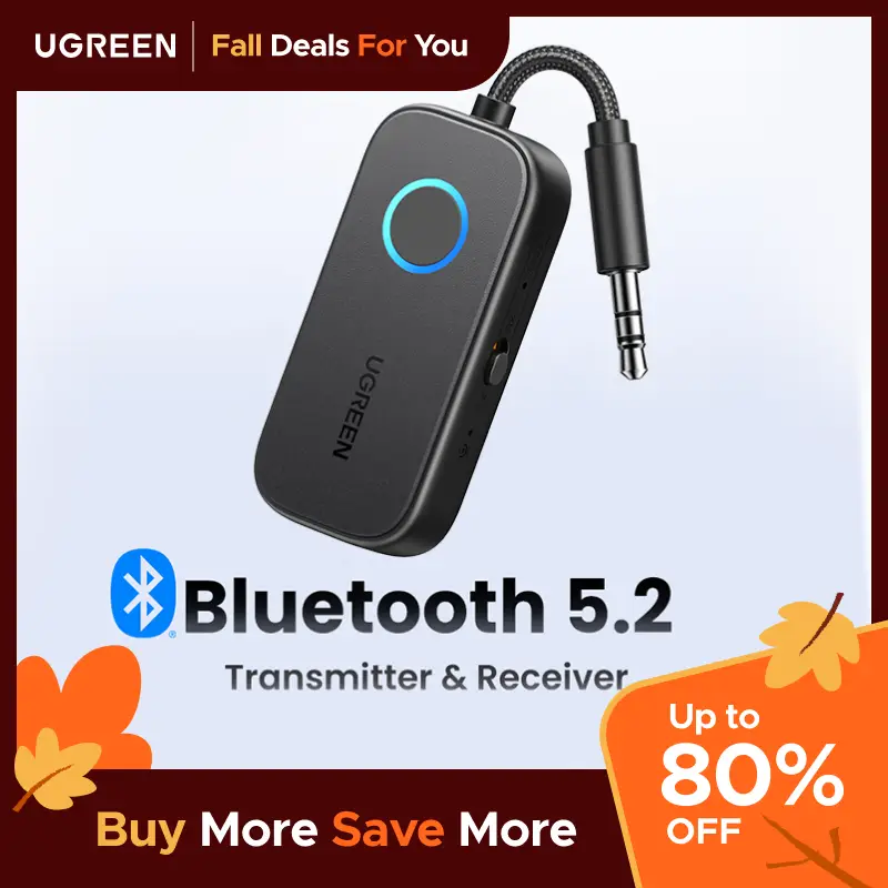 UGREEN Bluetooth 5.2 3.5mm Audio Transmitter/Receiver Adapter for Airpods or Headphones, for Flight, TV, Car Stereo, MP3 Headset Microphone-September