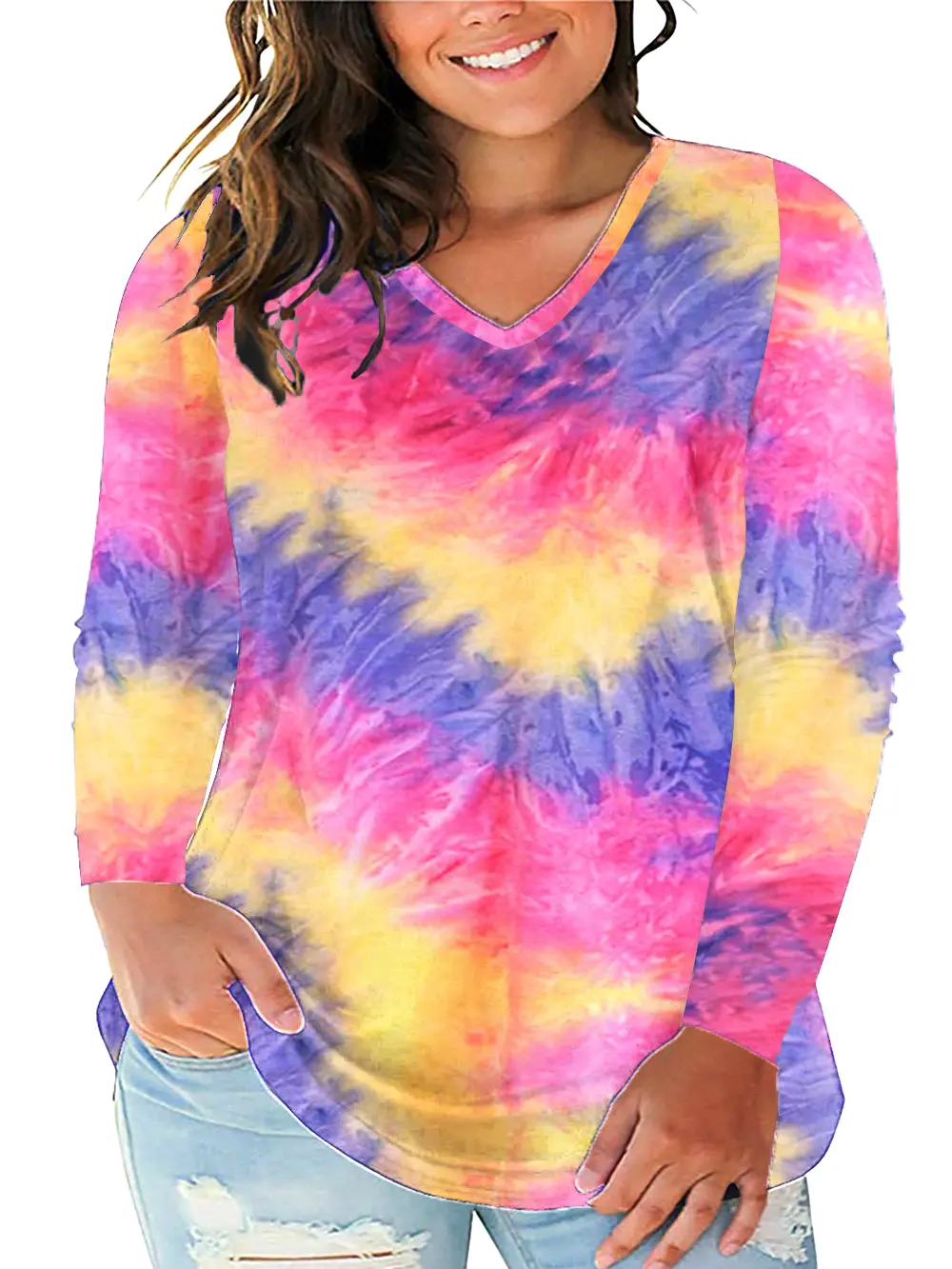 VOGARCE Women's Plus Size Tie Dye Sweatshirt, XL-5XL V-Neck Long Sleeve Loose Pullover, Casual Everyday Style Comfortable Fit RPS2003