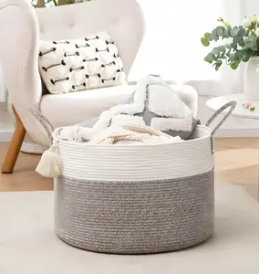 Large Blanket Basket (20"x13"),Woven Baskets for storage Baby Laundry Hamper, Cotton Rope Blanket Basket for Living Room, Laundry, Nursery, Pillows, Baby Toy chest (White/Brown)