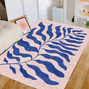 Blue Leaf Pattern Room Decor Area Rug, Creative Art Non-slip Machine Washable Floor Mat, Decorative Carpet for Home Living Room Bedroom, Room Accessories
