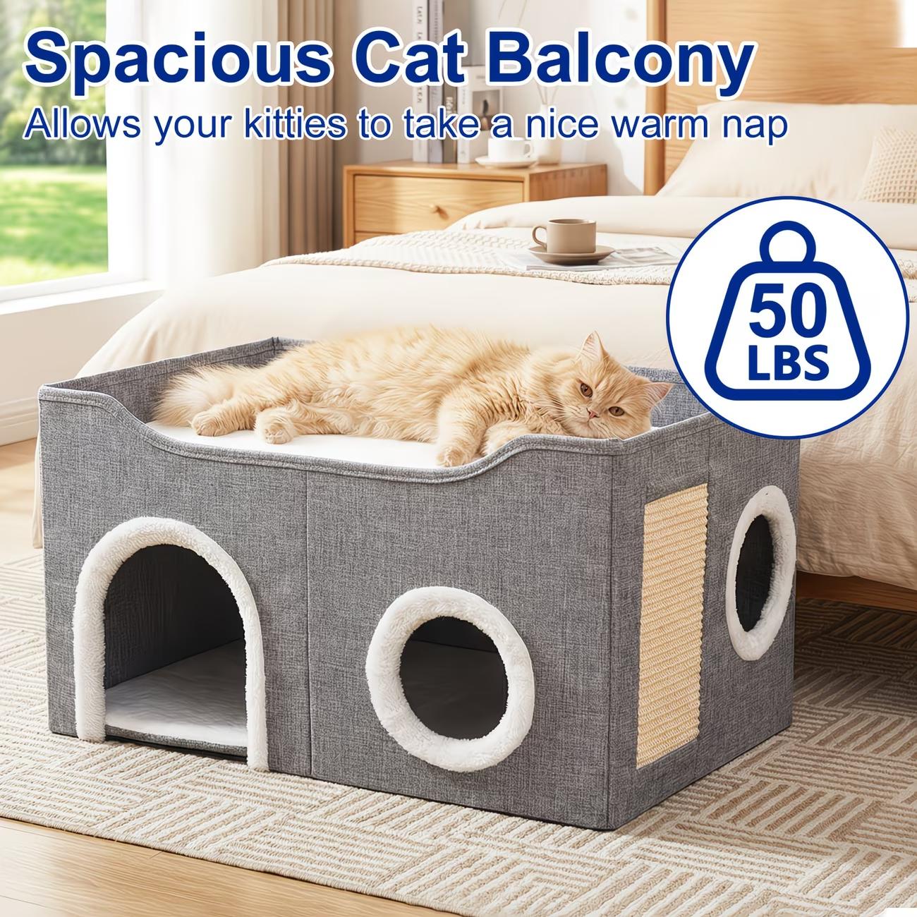 Double-Layer Foldable Cat House | Semi-Enclosed Bed & Sisal Scratcher | For Anxious Cats