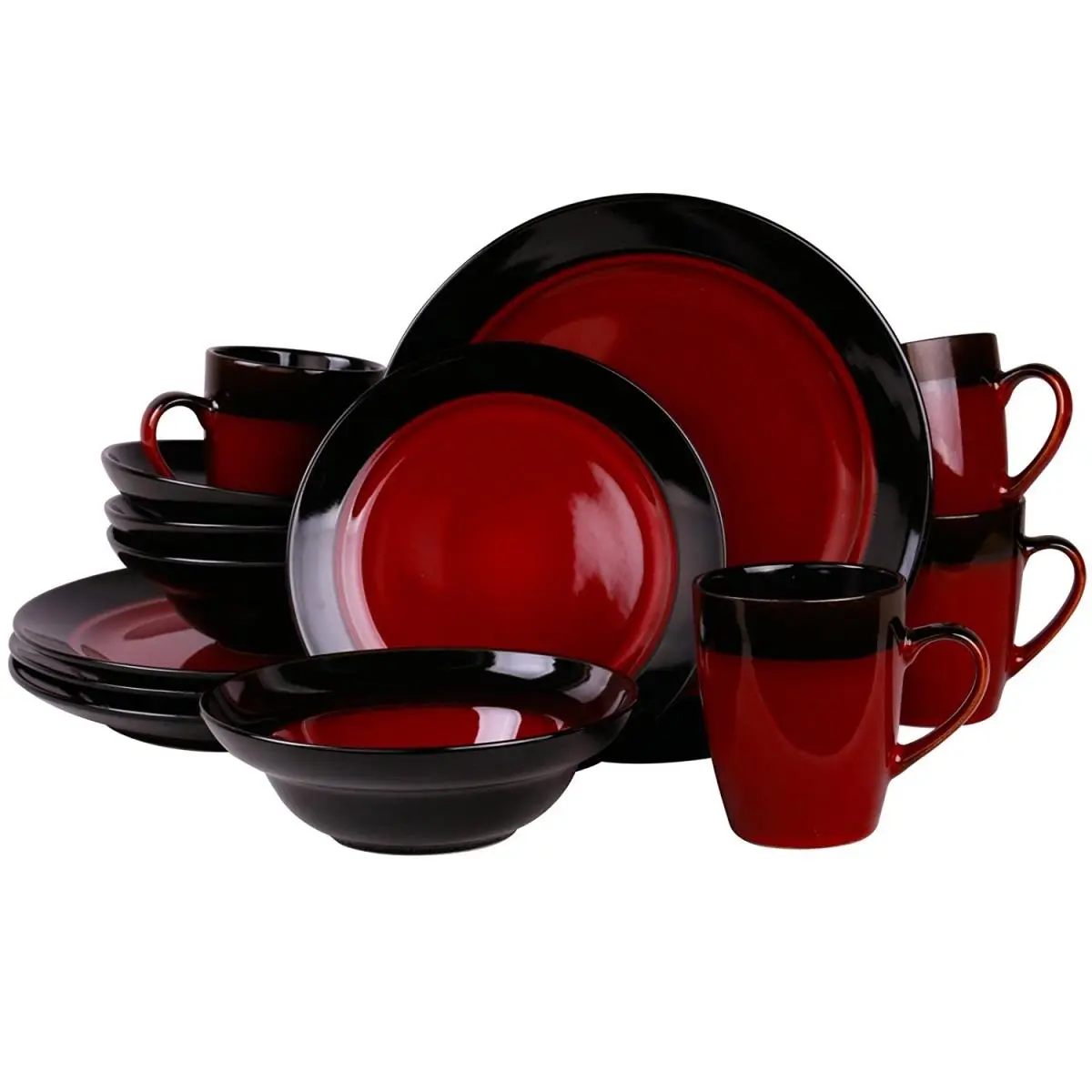 Elama Tanizia High Gloss 16-Piece Luxury Dinnerware Set - Print, Bold High Contrast Pattern, Glossy, Dishwasher Safe