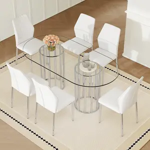 Dining Table and Chair Set. This ensemble features a 71-inch oval dining table with a tempered glass top and a distinctive silver double-pedestal base, exuding an air of understated luxury. Available with 6 or 8 chairs, featuring silver chair legs. The PU