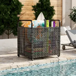 Outdoor Pool Float Storage Bin - Mesh Organizer with Rolling Wheels, Sturdy Movable PE Rattan, Patio Poolside Storage Bench for Floats, Noodles, Toys & Equipment