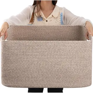 75L large woven cotton rope storage basket, with handle, for organizing blankets and toys in the living room and baby room, brown mixed color, dimensions 22"x17"x12"