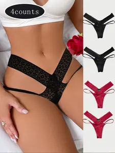 Dorsu 4-Pack Women's Lace Thong Underwear, Lacy Panties, Butterfly Knot 3D Decoration, Comfortable All-Seasons Wear, Casual Fitted Style, Womenswear