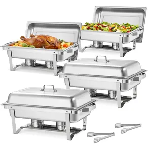 【Summervibes】VEVOR Rectangle Chafing Dish, 9 Qt 4 Pack Stainless Steel Chafing Dish, Food Warmer Chafer Complete Set with Hollow Handle, 2 Food Tongs, Lid, Canister Holder, Chafer Dishes for Banquet Party Wedding