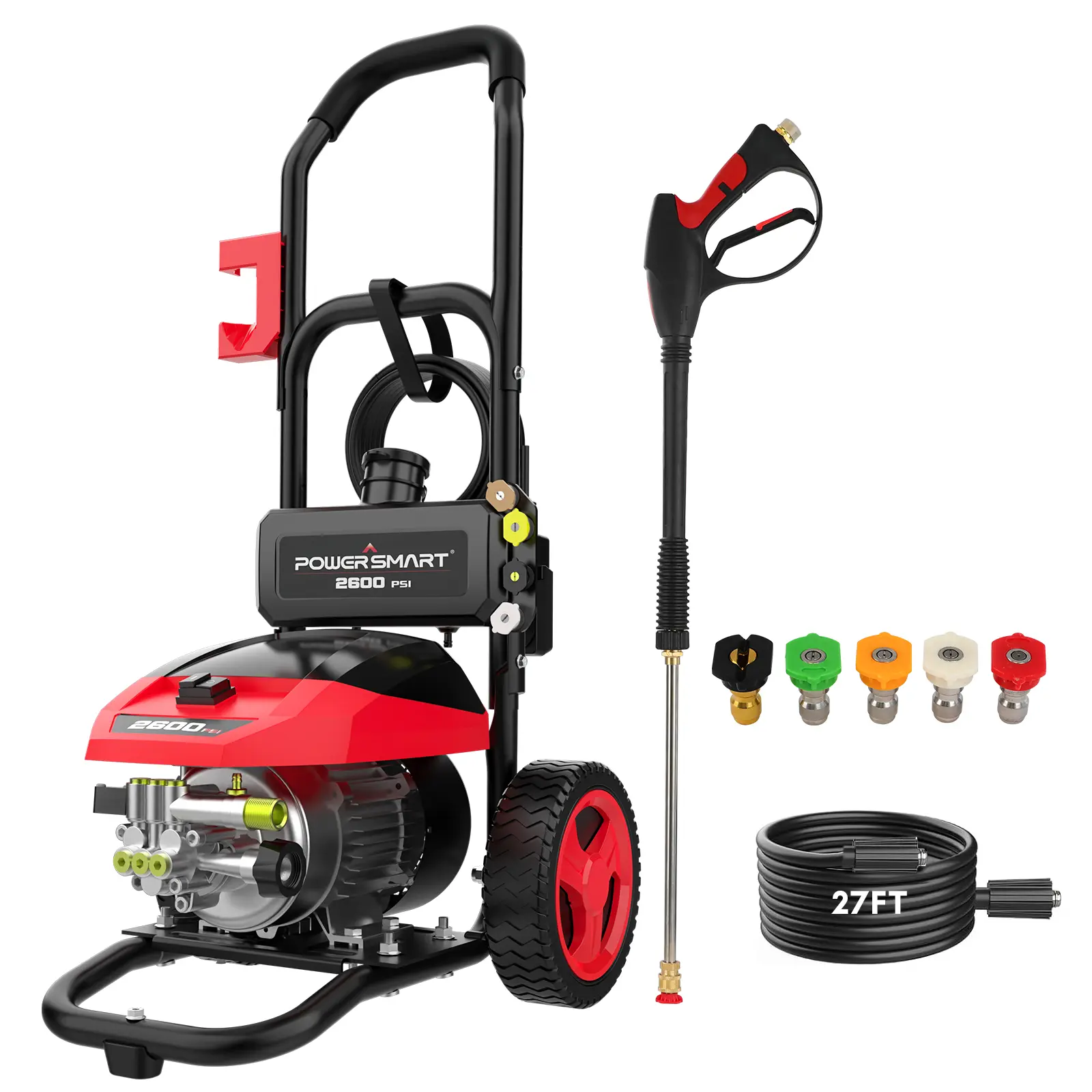 PowerSmart Electric Pressure Washer 2600PSI, Up to 2.0GPM 1600W Electric Power Washer with 27FT Hose, 35Ft Power Cord, 5Nozzles, 1500ml Onboard Soap Foam Cannon for Cleaning Car Patio Fences,Home Use,Quick Assembly, (DB1002)