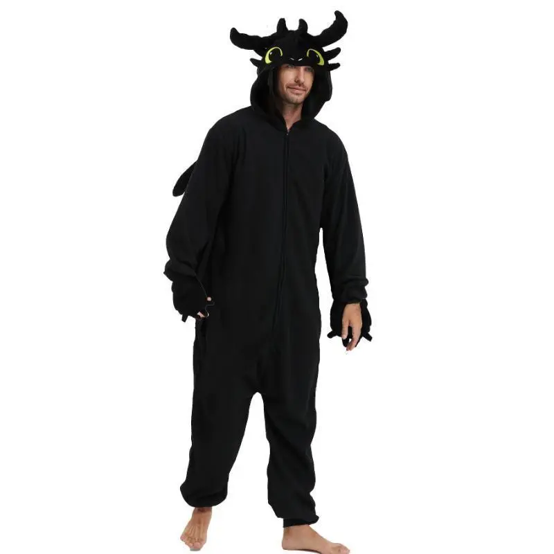 Men's Hooded Fleece Pajama Set with Dragon Embroidery, Loose Fit Loungewear with Batwing Sleeves for Winter & Halloween Parties, Nightwear, Menswear, Pajamas, Halloween Party, Loose Cut, Fabric, Pajama Sets