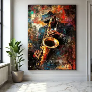 2D Flat Modern Abstract Jazz Music Poster in Black Golden Red Brown Canvas Print Wall Art Decor for Living Room Bedroom Office Poster for Jazz Clubs