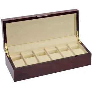 6-Piece Mahogany Wood Watch Box – Gloss Finish with Beige Micro Suede Interior