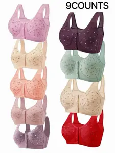9-Pack Lightweight Floral Elegant Wireless Bras, Comfortable Breathable Push-Up Underwire-Free, Elderly-Friendly Front Buckle Design, All-Season Wear
