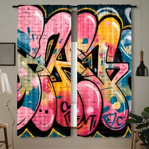 2pcs Vibrant Urban Graffiti Curtains - Rod Pocket, Digital Printed Polyester Drapes for Living Room, Kitchen, Bedroom, Study - Colorful Artistic Design, Machine Washable Home Decor, Curtains for Living Room