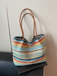 Fashionable contrasting striped woven bag, large capacity shoulder bag, beach vacation straw woven tote bag, casual versatile shoulder tote bag, Trendy Versatile Bag.