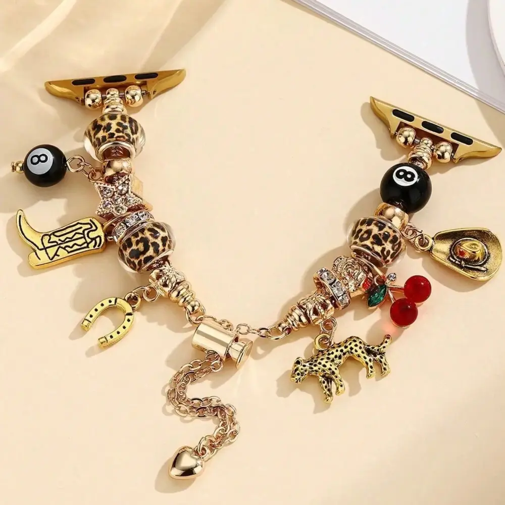 Western Leopard Charm Smartwatch Band - Vintage Cactus, Cowboy Boot, Charm Pendants Accents, Boho Cowgirl Aesthetic Personalized Item, DIY Bag Accessory, Compatible With 38-49mm Smart Watches, Western & Smartwatch Accessories, Funky Unique Accessories