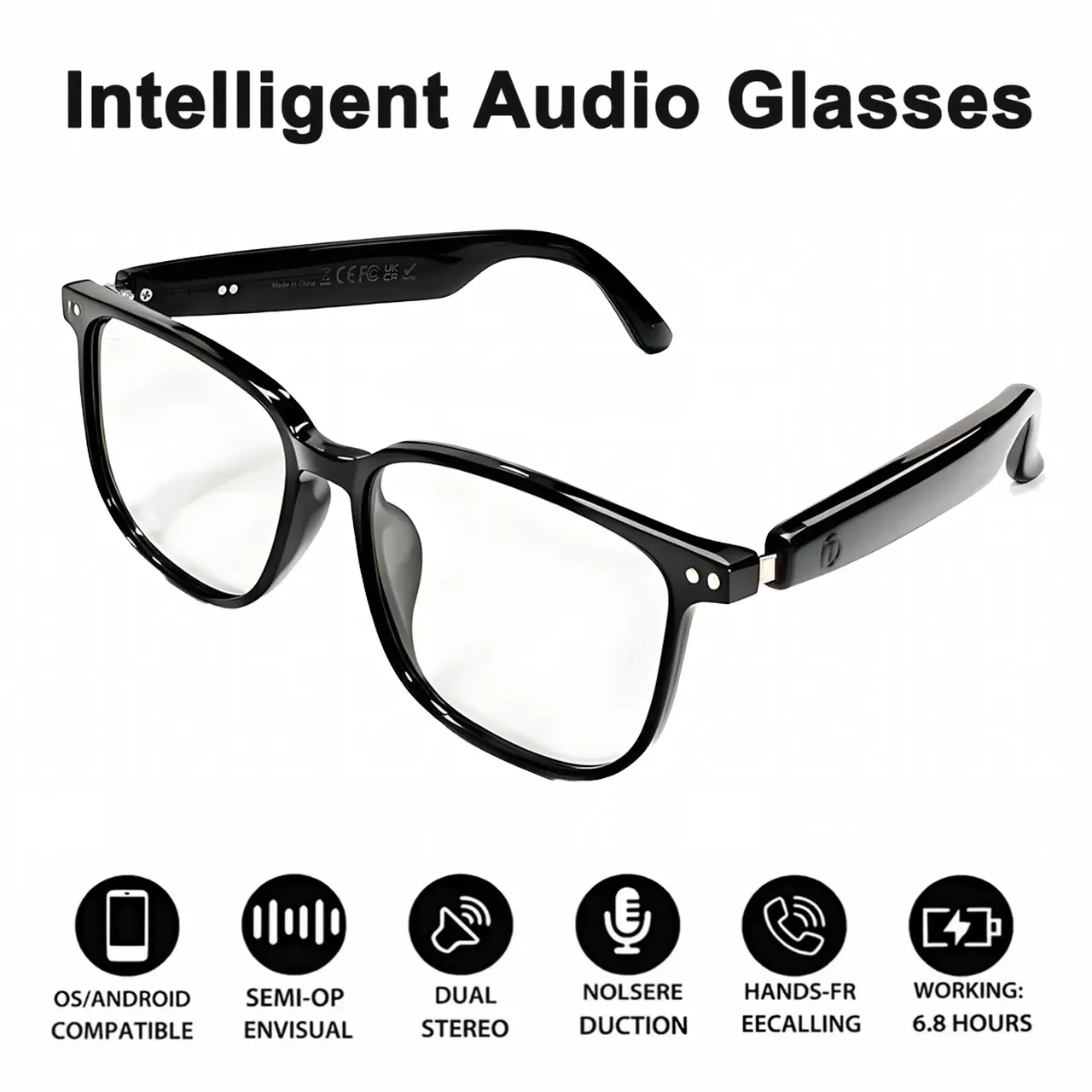 Wearable Smart Audio Glasses with Bluetooth 5.3 Fast Connection, HD Call, Active Noise Cancellation, Music Playback, Dual Magnetic Fast Charging, Long Battery Life, Unisex Fashion Versatile Design, Ideal for Office & Travel, Holiday Gift Option