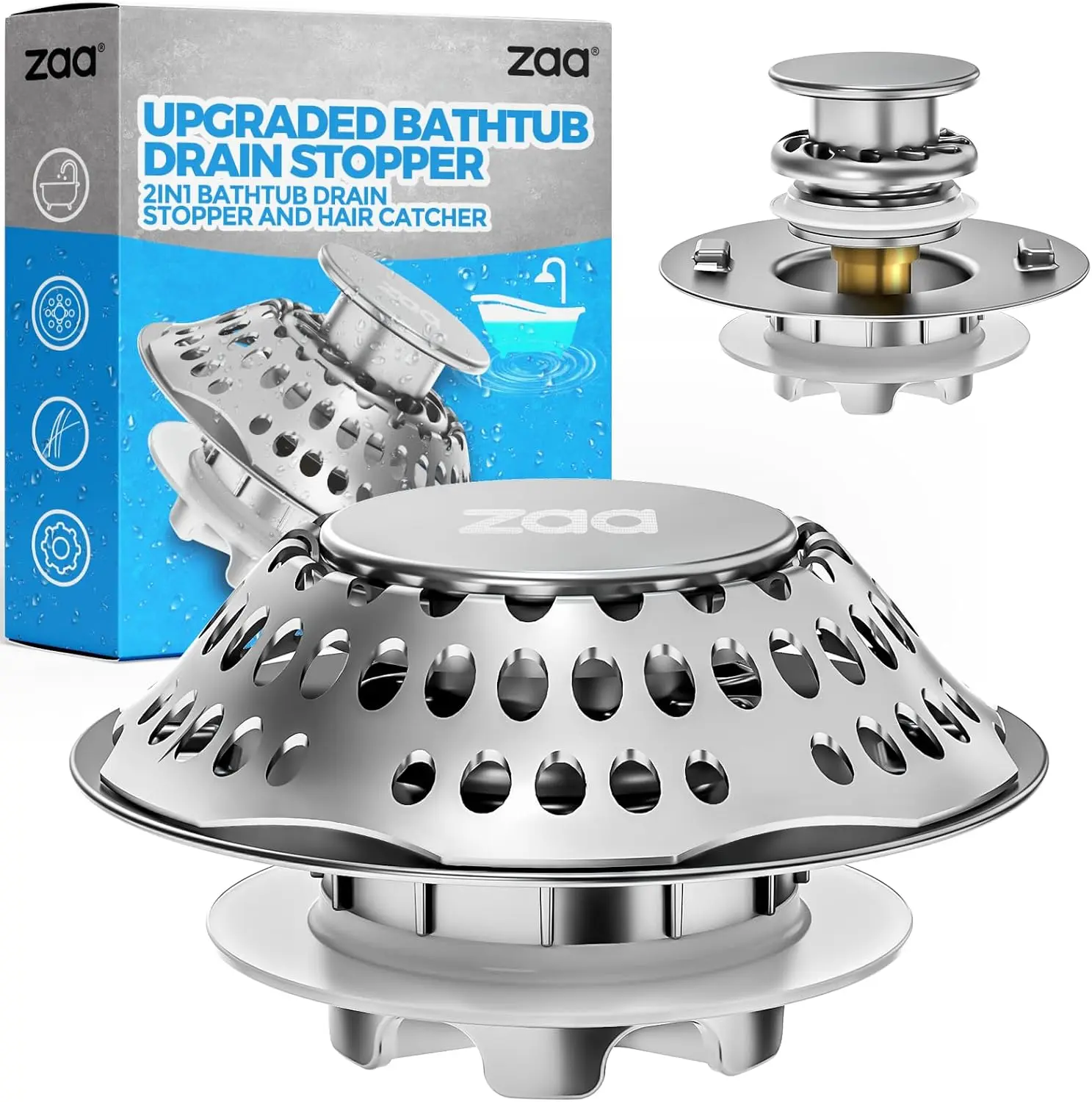 Bathtub Drain Stopper, Upgraded 2in1 Tub Stopper Bathtub Drain Cover and Hair Catcher, Pop Up Bathtub Drain Plug, Replaces Lift & Turn, Tip-Toe or Trip Lever, for 1.46-2" W Drain Hole, Silver