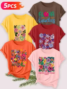 5Pcs Women's Crew Neck T-Shirts, Tropical Floral Slogan Print, Multiple Colors Available, Machine Washable, Spring & Summer Tops, Soft Skin-Friendly Fabric, Daily Versatile, Fashion Design