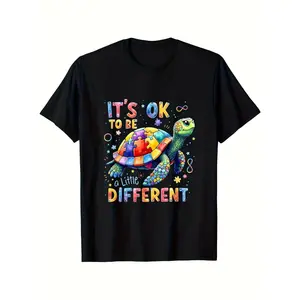 Autism Awareness It'S Ok To Be Different Graphic T-Shirt | Unisex Colorful Turtle Puzzle Piece Design | Neurodiversity Support Casual Tee | Crew Neck Short Sleeve | Comfort Fit for Men & Women