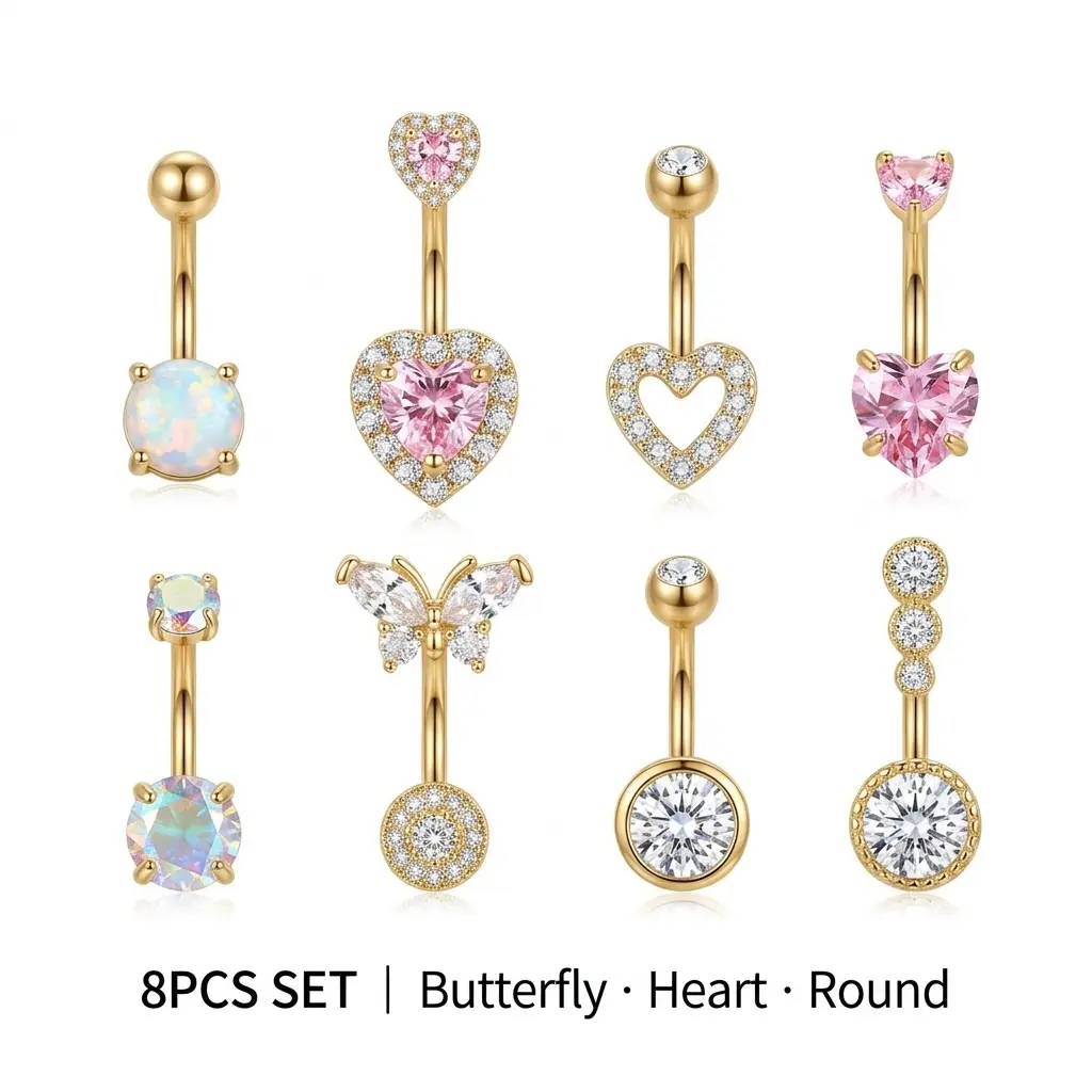 8PCS 14G Surgical Steel Navel Ring Set - Butterfly/Heart/Round Designs with Cubic Zirconia, Hypoallergenic Belly Button Piercing Jewelry for Daily/Vacation/Gift