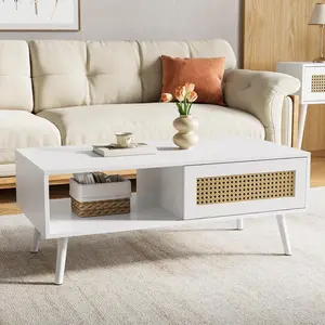 Rattan Coffee Table with Storage, Farmhouse Boho Center Sofa Table with Sliding Door and Open Shelf for Living Room, Bedroom