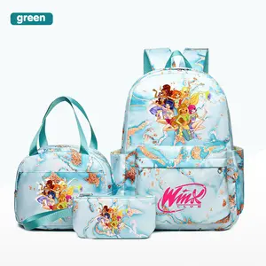 Winx Club Print Three-Piece Set, Backpack Lunch Bag Pencil Case, Adjustable Straps, Nylon Material, Zipper Closure, Large Capacity