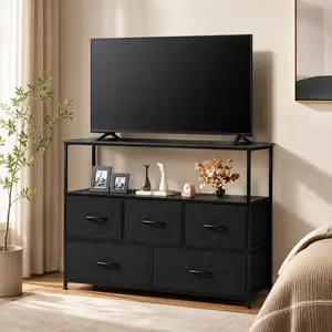 TV Stand for 45" TVs, Media Console Table with 5 Fabric Drawers, Open Storage Shelf, Entertainment Center Cabinet, Tall Fabric Storage Tower with Wooden Top for Living Room, Bedroom, Hallway, Kids Room, Closet Organizer