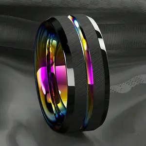 Men's 8mm Rainbow Groove Black Brushed Stainless Steel Ring - Wedding & Engagement Band, Fashion Costume Jewelry, Rings
