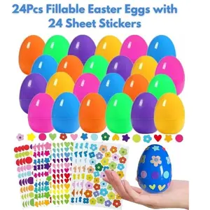 24 Fillable Easter Eggs with Stickers – 3.5 Inch DIY Plastic Eggs , Easter Basket Stuffers, Party Decorations, Kids Craft Kit, Holiday Fun