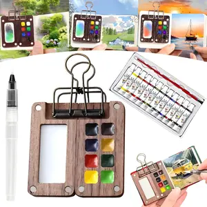 Portable Mini Poplar Watercolor Paint Box Set, Handmade Wooden Art Supplies, Includes Sketchbook, Color Pigments, Filler Pens, Clips